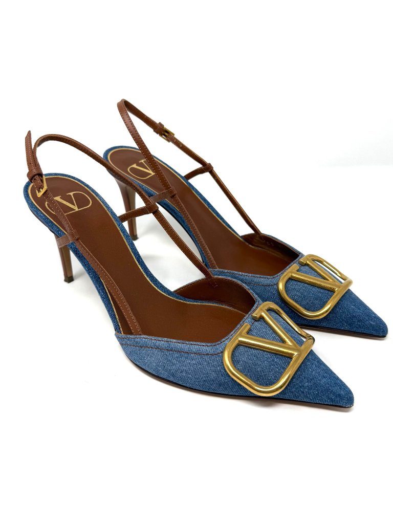 Valentino Garavani V Logo Gold & Denim Selleria Slingback Pumps Sz 39